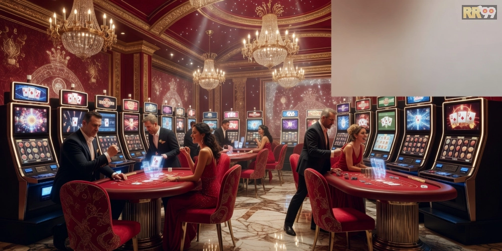 Ảnh nổi bật về sòng bạc Golden RR99 với các trò chơi slot và blackjack sôi động