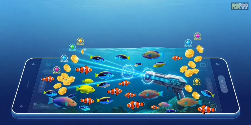 Minh họa khái niệm bắn cá đổi thưởng rr99 với giao diện game sống động và phần thưởng hấp dẫn