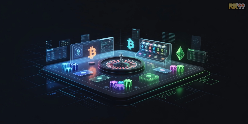 Minh họa khái niệm crypto casino rr99 với giao diện hiện đại và biểu tượng tiền điện tử