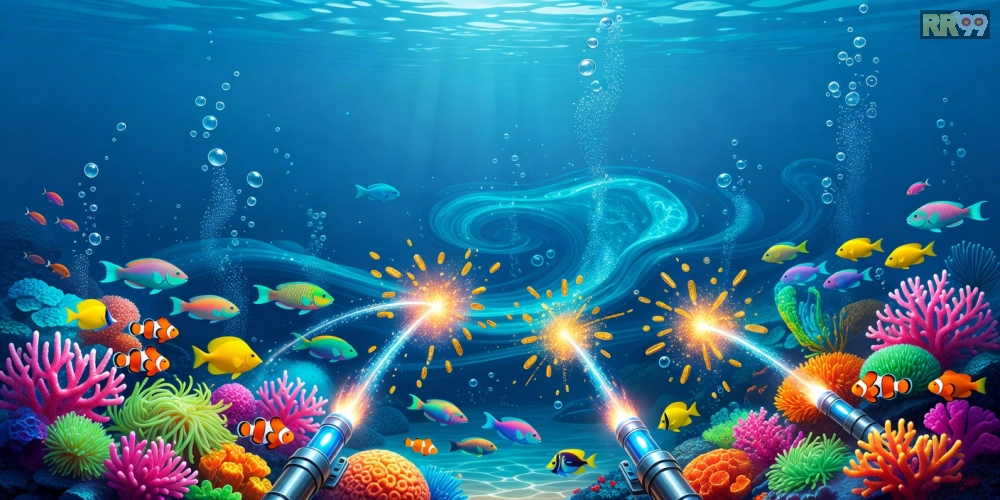 Minh họa giao diện game bắn cá online rr99 với đồ họa sống động và người chơi đang săn thưởng