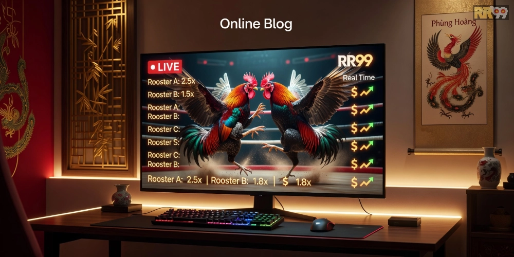 Hình minh họa khái niệm xem đá gà trực tuyến trên nền tảng RR99 với giao diện streaming hiện đại.