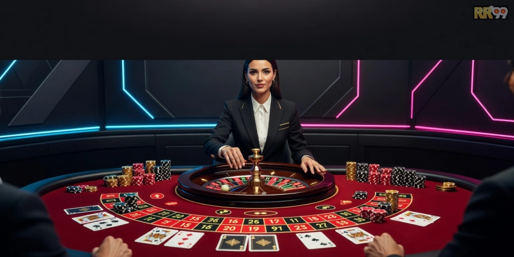Minh họa giao diện live casino rr99 với dealer chuyên nghiệp và bàn chơi sôi động