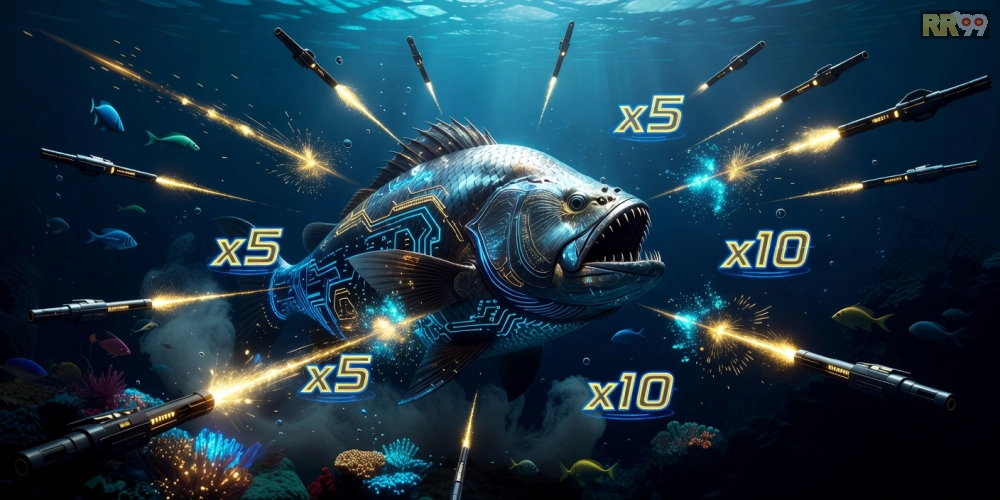 Giao diện chơi bắn cá đổi thưởng rr99 elite với hiệu ứng ánh sáng và cá boss khổng lồ