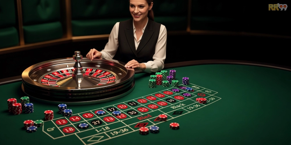 Ảnh chụp màn hình bàn roulette live tại RR99 Golden Stream với dealer xinh đẹp