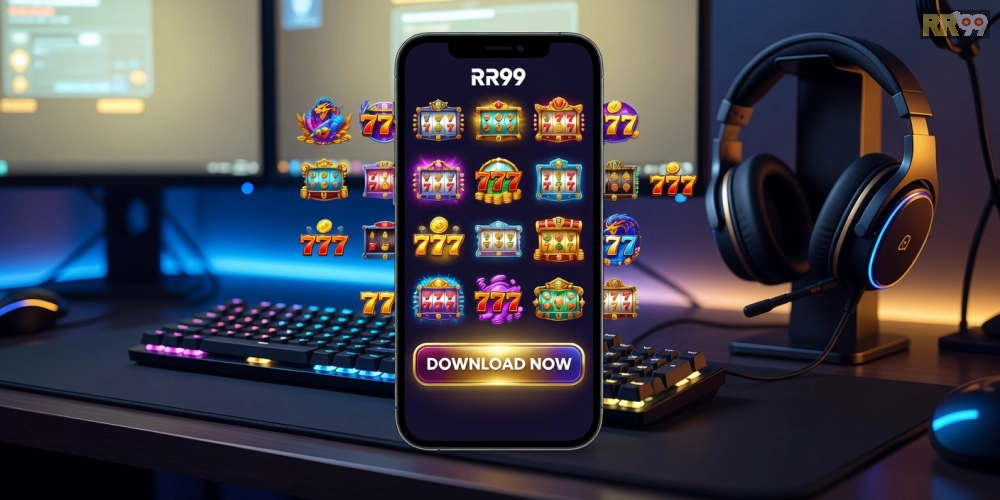 Minh họa giao diện tải game nổ hũ rr99 với các biểu tượng slot machine hấp dẫn và nút tải về nổi bật