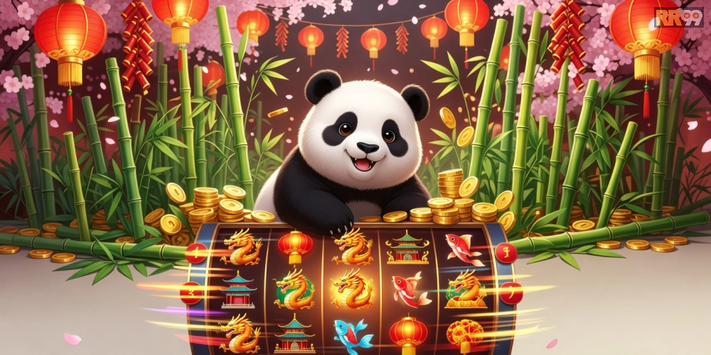 Hình ảnh minh họa trò chơi Lucky Panda với biểu tượng gấu trúc dễ thương và jackpot sáng rực