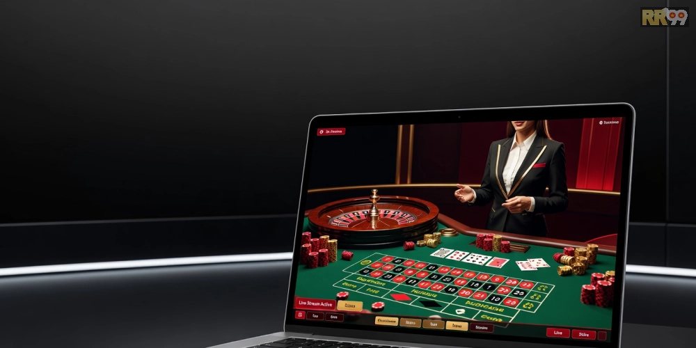 Hình minh họa giao diện trực tiếp casino rr99 với dealer chuyên nghiệp và bàn chơi roulette sống động.