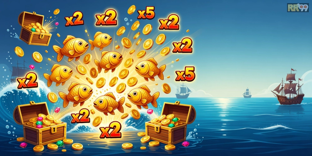 Hình ảnh ưu đãi hấp dẫn trong game săn cá vàng rr99 với icon phần thưởng lấp lánh
