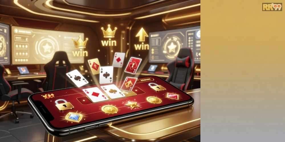 Hình ảnh thể hiện ưu điểm của game bài online rr99 pro với biểu tượng thắng lớn và giao diện mượt mà.